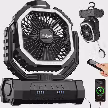 Ventilador de Acampamento Recarregável ar Livre com Luz Bateria de 20000mAh Gancho Giratório 360° 4 Velocidades para uso Interno, Viagens, Barracas, Trailers, Pesca e Praia (Preto)