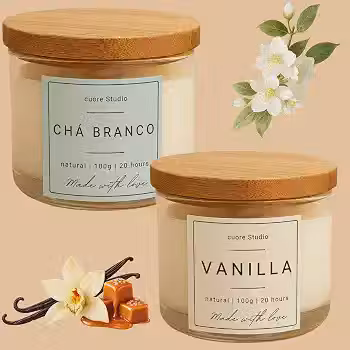 Kit 2 Velas Aromáticas Perfumadas, Lavanda e Vanilla (Baunilha), Natural, 100g Cada, Pote de Vidro com Tampa de Madeira, 20 Horas | cuore Studio (Chá Branco e Vanila)
