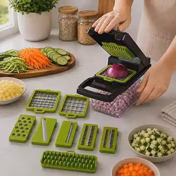 Cortador de Legumes Multifuncional 15 em 1 com Recipiente – Mandoline Profissional com Lâminas Intercambiáveis para Fatiar, Ralar e Cortar Cebola, Frutas, Verduras e Alimentos