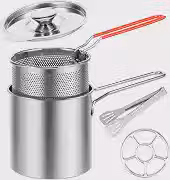 Panela de fritadeira com cesta de filtro e alça, frigideira de aço inoxidável, mini fritadeira de óleo profundo com tampa, panela portátil para cozinhar alimentos para fritar peixe, camarão, frango e
