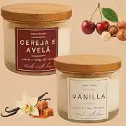Kit 2 Velas Aromáticas Perfumadas, Lavanda e Vanilla (Baunilha), Natural, 100g Cada, Pote de Vidro com Tampa de Madeira, 20 Horas | cuore Studio (Vanilla e Cereja com Avelã)