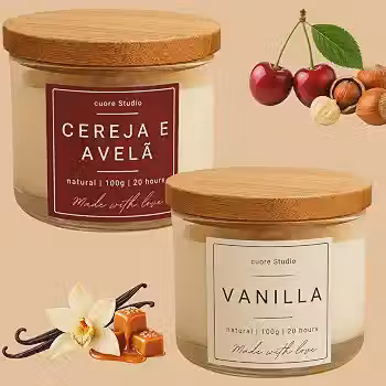 Kit 2 Velas Aromáticas Perfumadas, Lavanda e Vanilla (Baunilha), Natural, 100g Cada, Pote de Vidro com Tampa de Madeira, 20 Horas | cuore Studio (Vanilla e Cereja com Avelã)