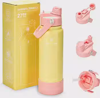 Garrafa Térmica 800ml Aço Inox 304 com 2 Formas de Beber para Viagem e Esporte (Amarelo)