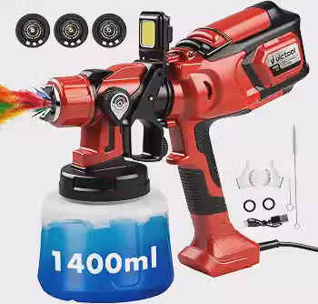 Victool Pistola de Pintura Elétrica 650W 1400ml com Bico 1.0/1.8/2.5mm 127V 60Hz, Pulverização Ajustável, LED Integrado, Sistema de Limpeza e Uso para Tintas à Base de Água e Solvente