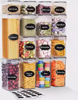 Kit 15 Potes Herméticos para Mantimentos — Organizadores de Cozinha Empilháveis, Livre de BPA, Tampa com Trava Lateral e Vedação em Silicone, 4 Tamanhos (0,8L a 2,8L) + Etiquetas e Caneta