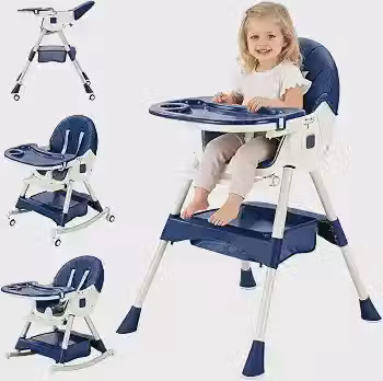 Cadeira De Alimentação Bebe Multifuncional 6 Em 1 Para Bebês, Com Dobragem Com Um Único Toque, Bandeja E Encosto Ajustáveis Em 3 Alturas, Cinto De Segurança De 5 Pontos, Rodas Com Freio E Assento Removível Em PU Que Se Limpa Com Um Pano Úmido; Ideal Para Pais Ocupados Que Cuidam Dos Filhos Em Casa, Em Viagens Ou Na Casa Dos Avós (Azul escuro)