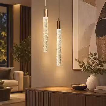 Kit 2 Pendentes LED Cristal Tubo Bolhas Dourado Lustre Moderno 3 em 1 para Cabeceira e Lavabo