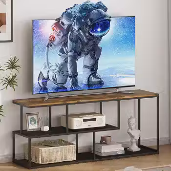 Rack para TV, Armário para TV Multifuncional com 3 Níveis de Prateleiras, Rack de Sala de Estar Resistente e Estável, Design Moderno Minimalista, Cor Marrom