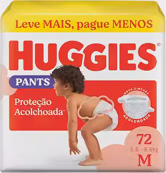 Fralda Pants Huggies Proteção Acolchoada, Tamanho M, 72 unidades, Estilo Roupinha, Cintura Macia, Fácil de Colocar