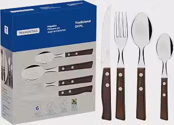 Faqueiro 24 Peças Tradicional Sortidos com Laminas de Aço Inox e Cabos de Madeira, Tramontina, Tradicional 22299050, Natural