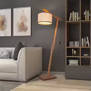 Luminária de Chão Pedestal Abajur Lustre Aurora - Design Retrô com Madeira Maciça e Cúpula em Palha Natural