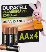 Duracell Pilha Recarregável AA 2500mAh Pequena Com 4 Unidades – Ideal para Controle Xbox™, Câmeras Digitais e Brinquedos de Alto Consumo