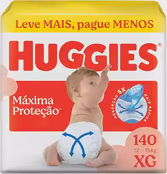 Fralda Descartável Huggies Máxima Proteção Tamanho XG 140 unidades – aberta com tecnologia Xtra-Flex, canais em X que se adaptam aos movimentos e máxima proteção