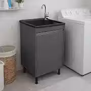 Tanque de Lavar Roupa Premium com Esfregadeira e Gabinete Balcão 100% MDF BP para Lavanderia (Cinza)