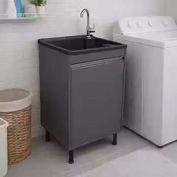 Tanque de Lavar Roupa Premium com Esfregadeira e Gabinete Balcão 100% MDF BP para Lavanderia (Cinza)