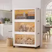 Armário Organizador Dobrável com Rodinhas e Portas, Armário Grande Dobrável 3 Camadas com Rodinhas 360°, Organizador Multiuso para Cozinha, Quarto e Escritório, 45CM(L)