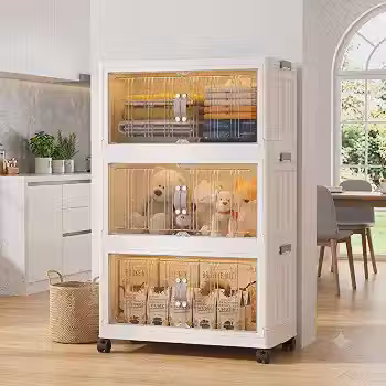 Armário Organizador Dobrável com Rodinhas e Portas, Armário Grande Dobrável 3 Camadas com Rodinhas 360°, Organizador Multiuso para Cozinha, Quarto e Escritório, 45CM(L)